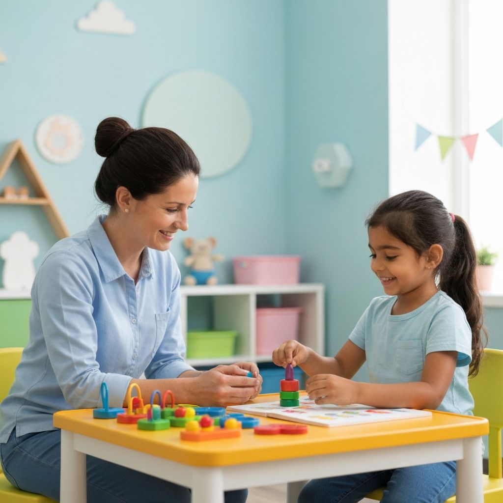 Therapist working with a happy child in a bright therapy room