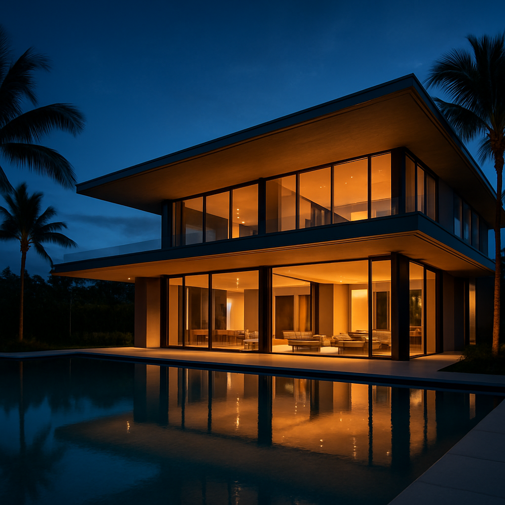 Luxury modern South Florida home at dusk with infinity pool